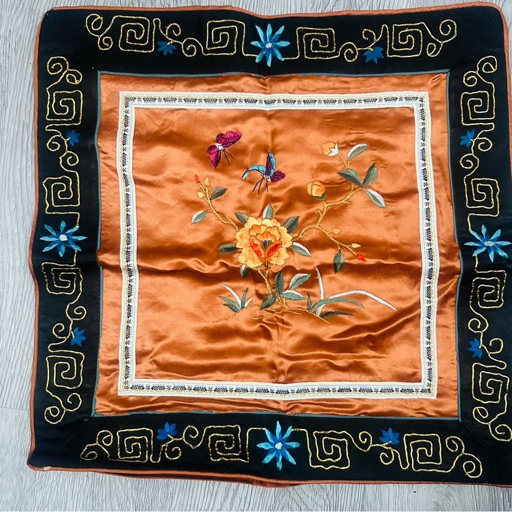 Vintage Dun Huang Beijing Embroidered Silk Pillow Cover 16" Floral Gold Thread